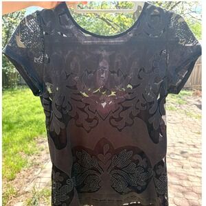 Vintage Whimsigoth Black Sheer Lace Laser Cutout Top Gothic Filigree XS